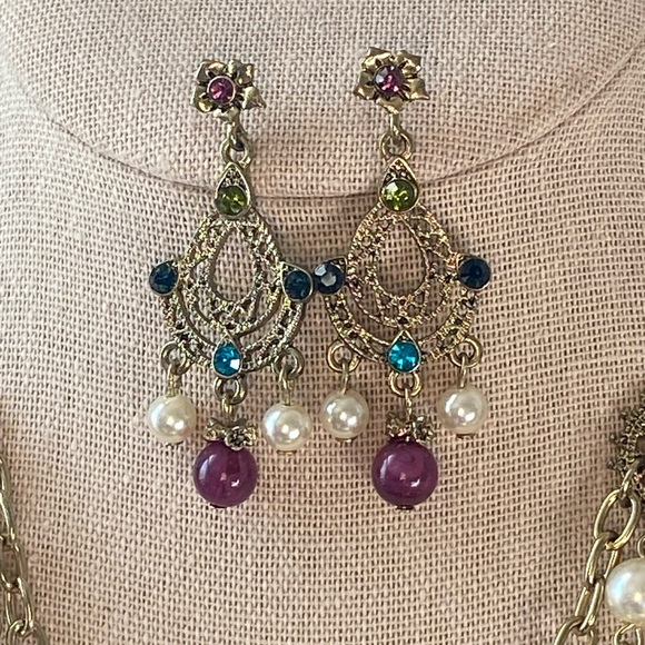 3 Strand Multi Stone Vintage Style Necklace & Matching Earrings - Picture 3 of 14